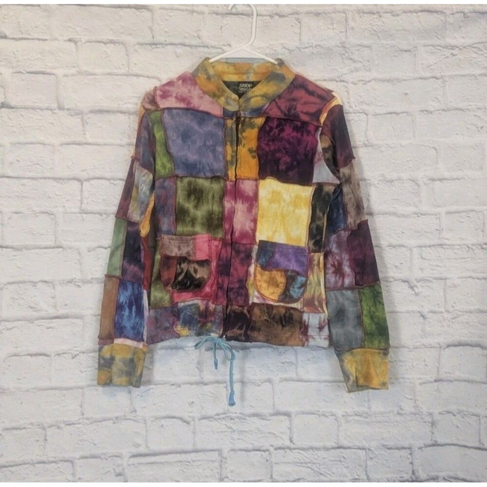 Patchwork Womens S/M Zip up Hoodie Sweatshirt‎ Rainbow Lagan Tie Dye